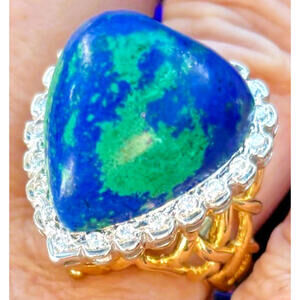 David Webb 18kt Yellow Gold, Azurmalachite, Angel Skin Coral and Diamond Ring